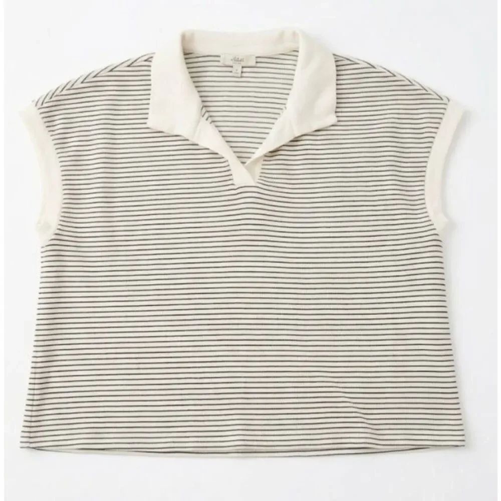 Atelier kirious womens xl boxy polo shirt cream black stripe cotton stretch